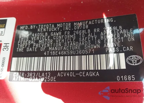 2009 Toyota Camry Xle from USA, damaged, VIN 4T1BE46K59U360571